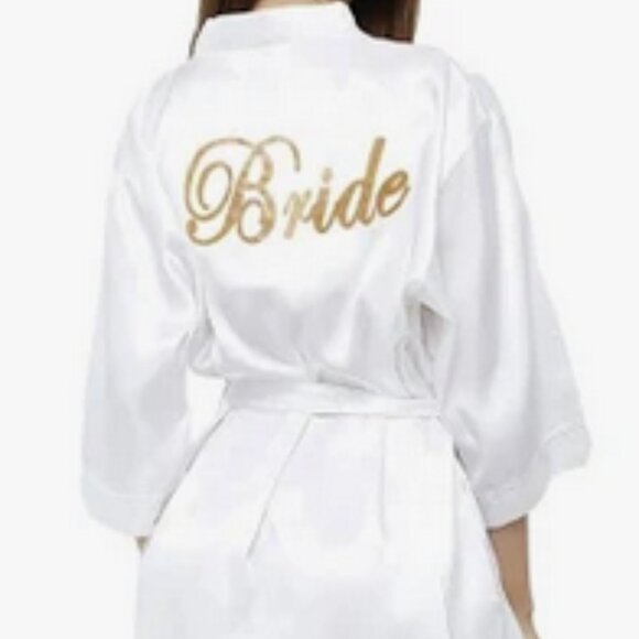 White Satin Bride Robe with Gold Lettering NWOT - Picture 17 of 17